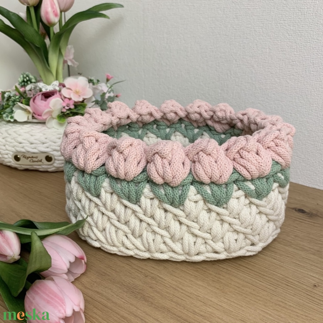 3D tulipános horgolt tároló kosár - nagy - otthon & életmód - tárolás & rendszerezés - tárolókosár - Meska.hu