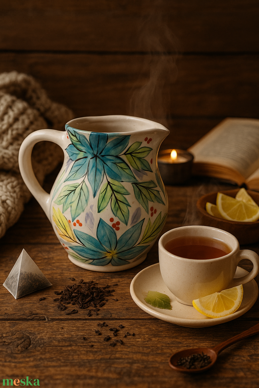 Korongozott, kék virágmintával díszített kerámia kancsó kékeszöld levelekkel - otthon & életmód - dekoráció - asztal és polc dekoráció - dekorációs tál, tartó - Meska.hu