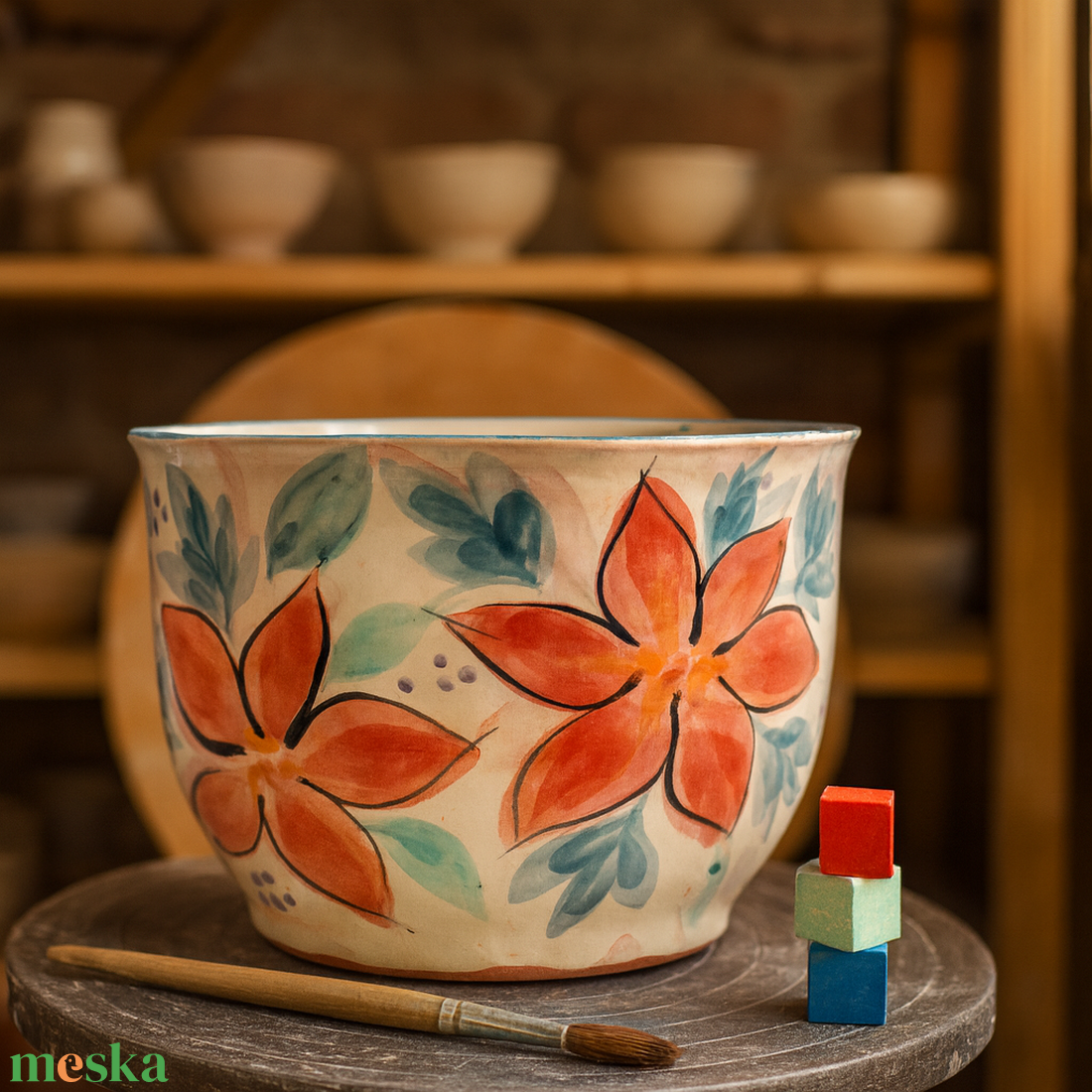 Korongozott, piros virágmintával díszített kerámia tál kék levelekkel - otthon & életmód - dekoráció - asztal és polc dekoráció - dekorációs tál, tartó - Meska.hu