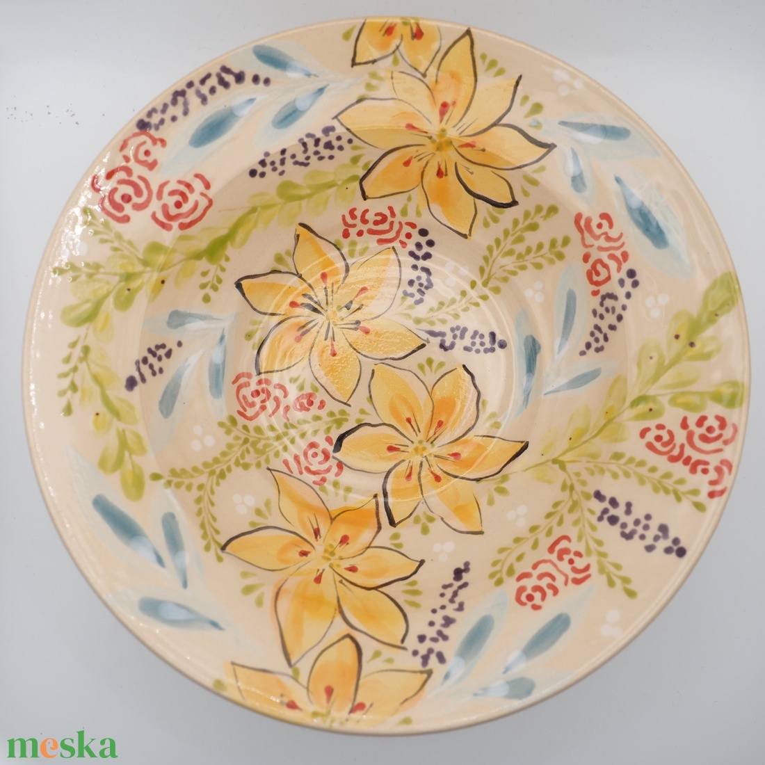 Kerámia mélytányér � narancs virágmintával - otthon & életmód - konyhafelszerelés, tálalás - tálalás - tányér- és poháralátét - Meska.hu