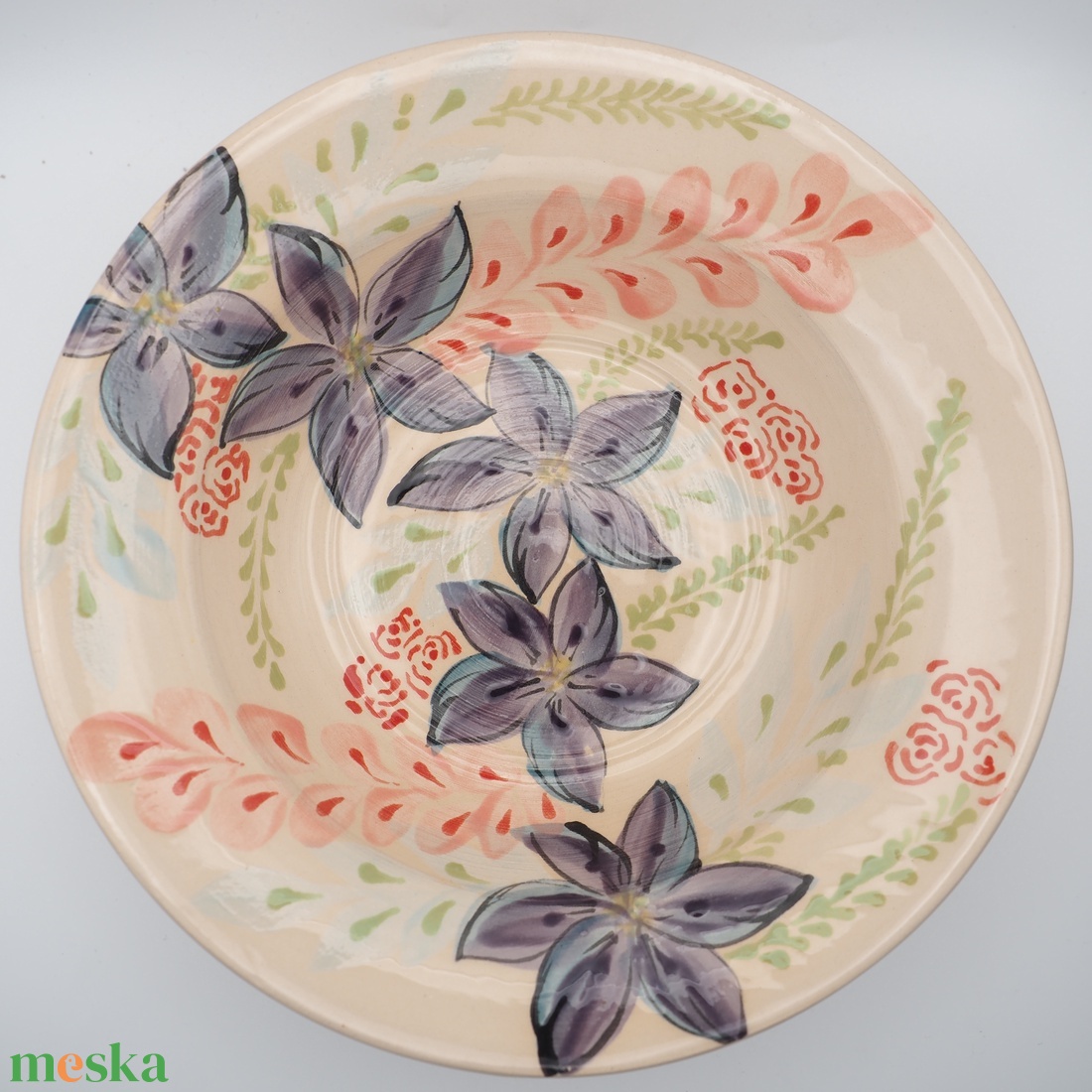Kerámia mélytányér � lila virágmintával - otthon & életmód - konyhafelszerelés, tálalás - tálalás - tányér- és poháralátét - Meska.hu