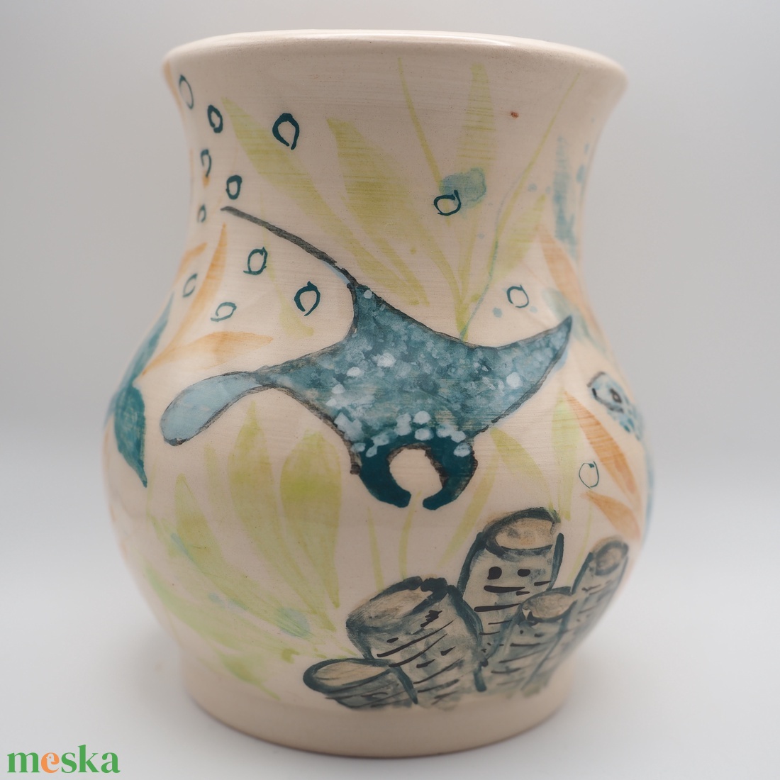 Korongozott, tengeri állatvilággal díszített kerámia váza - otthon & életmód - dekoráció - asztal és polc dekoráció - dekorációs tál, tartó - Meska.hu