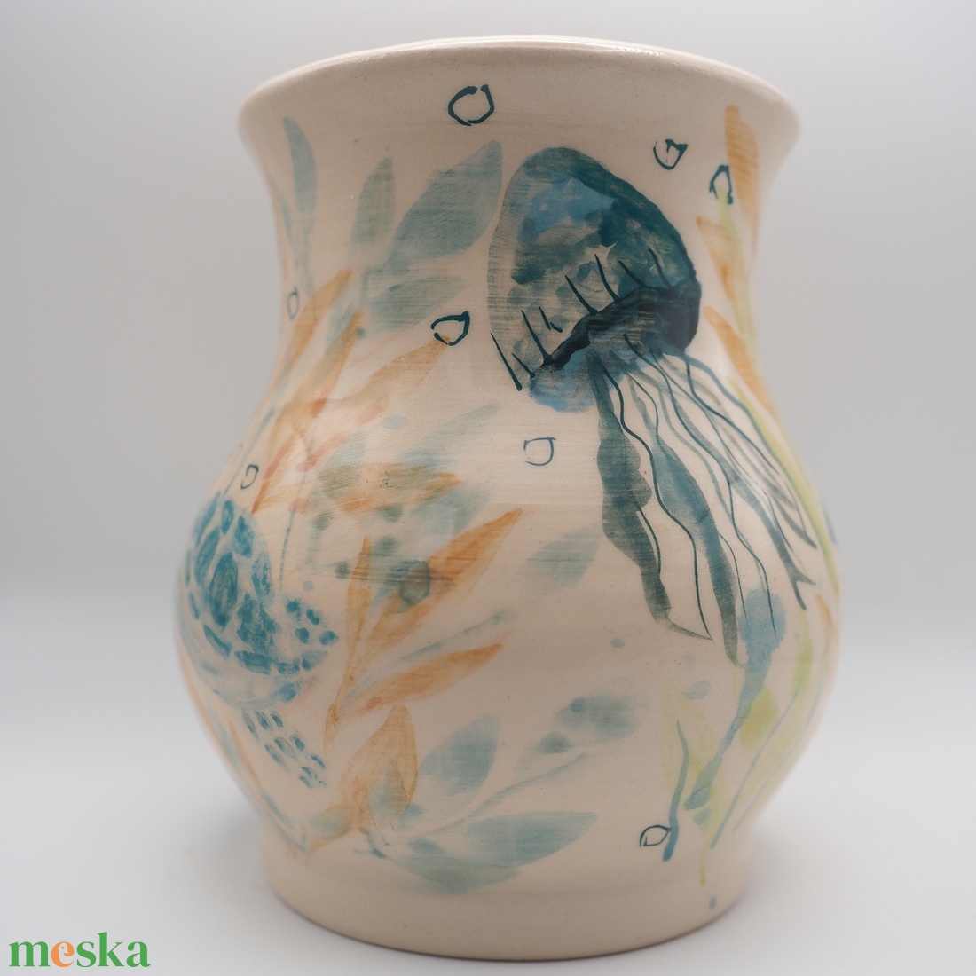 Korongozott, tengeri állatvilággal díszített kerámia váza - otthon & életmód - dekoráció - asztal és polc dekoráció - dekorációs tál, tartó - Meska.hu