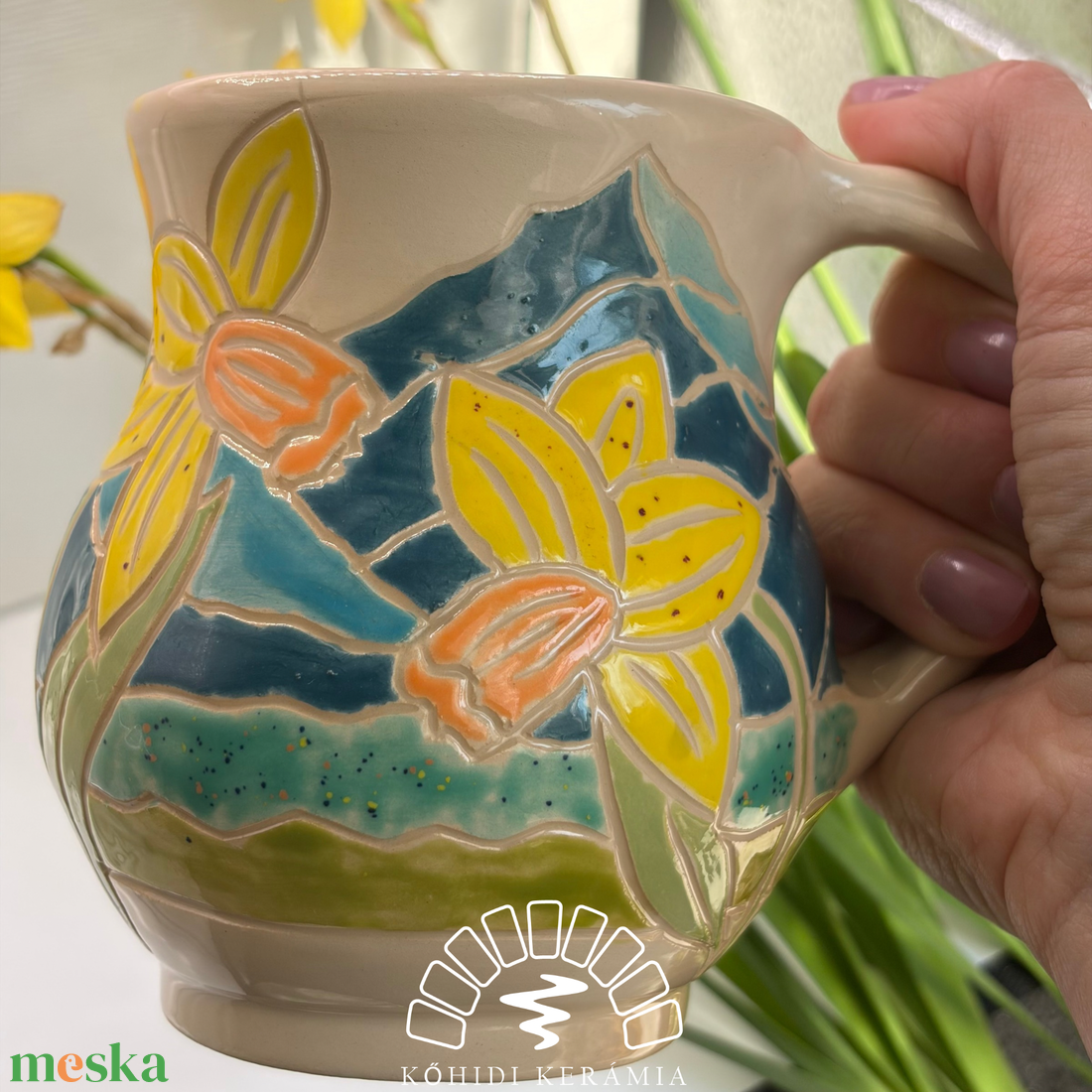 Kerámia bögre nárciszokkal - otthon & életmód - konyhafelszerelés, tálalás - tálalás - bögre & csésze - Meska.hu