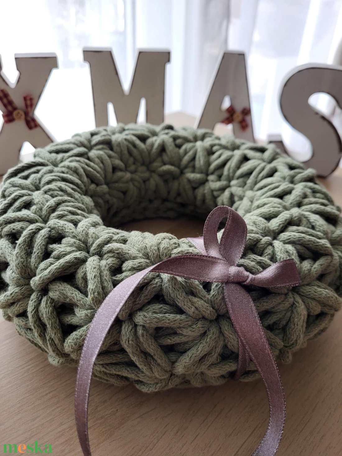 Horgolt adventi koszorú zsálya zöld színben 24 cm - karácsony - adventi díszek - adventi koszorú - Meska.hu