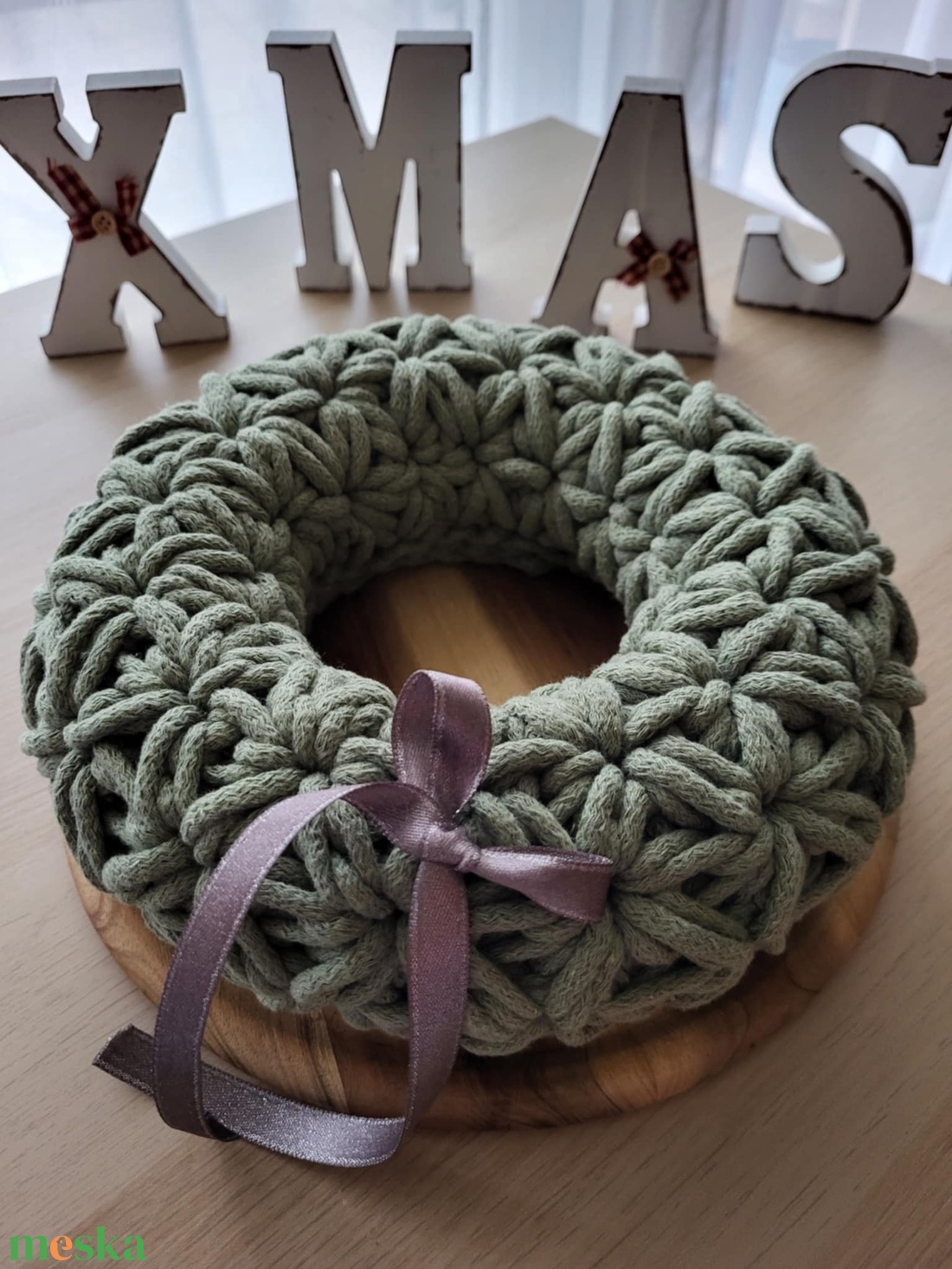 Horgolt adventi koszorú zsálya zöld színben 24 cm - karácsony - adventi díszek - adventi koszorú - Meska.hu