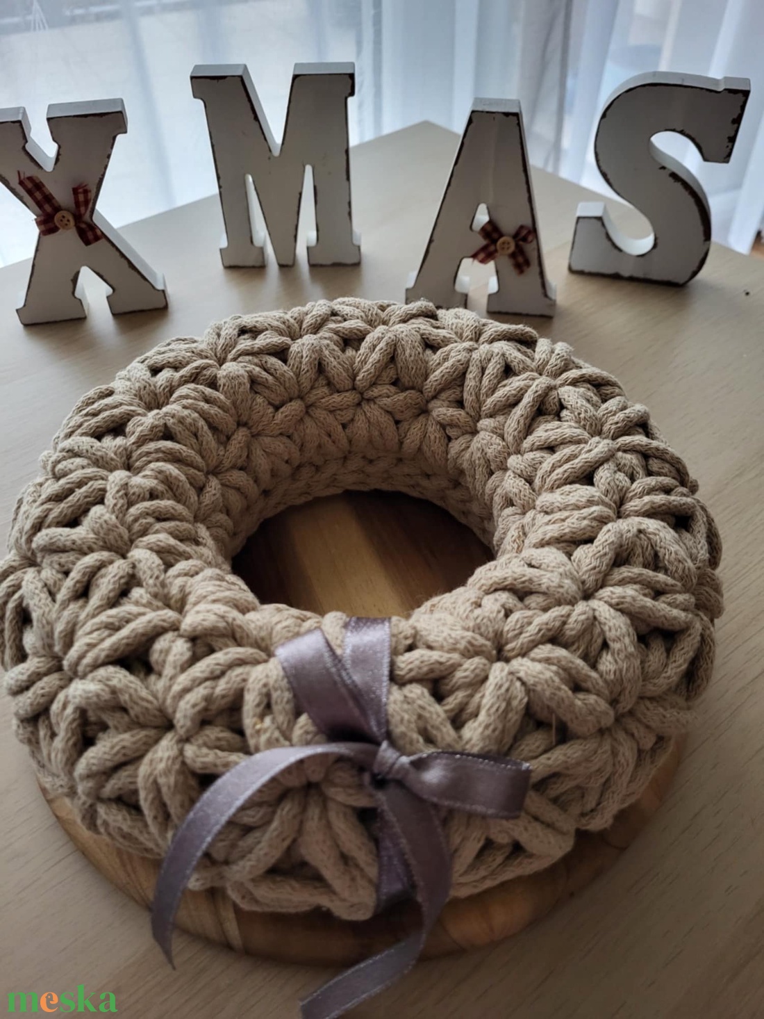 Horgolt adventi koszorú karamell  színben 24 cm - karácsony - adventi díszek - adventi koszorú - Meska.hu