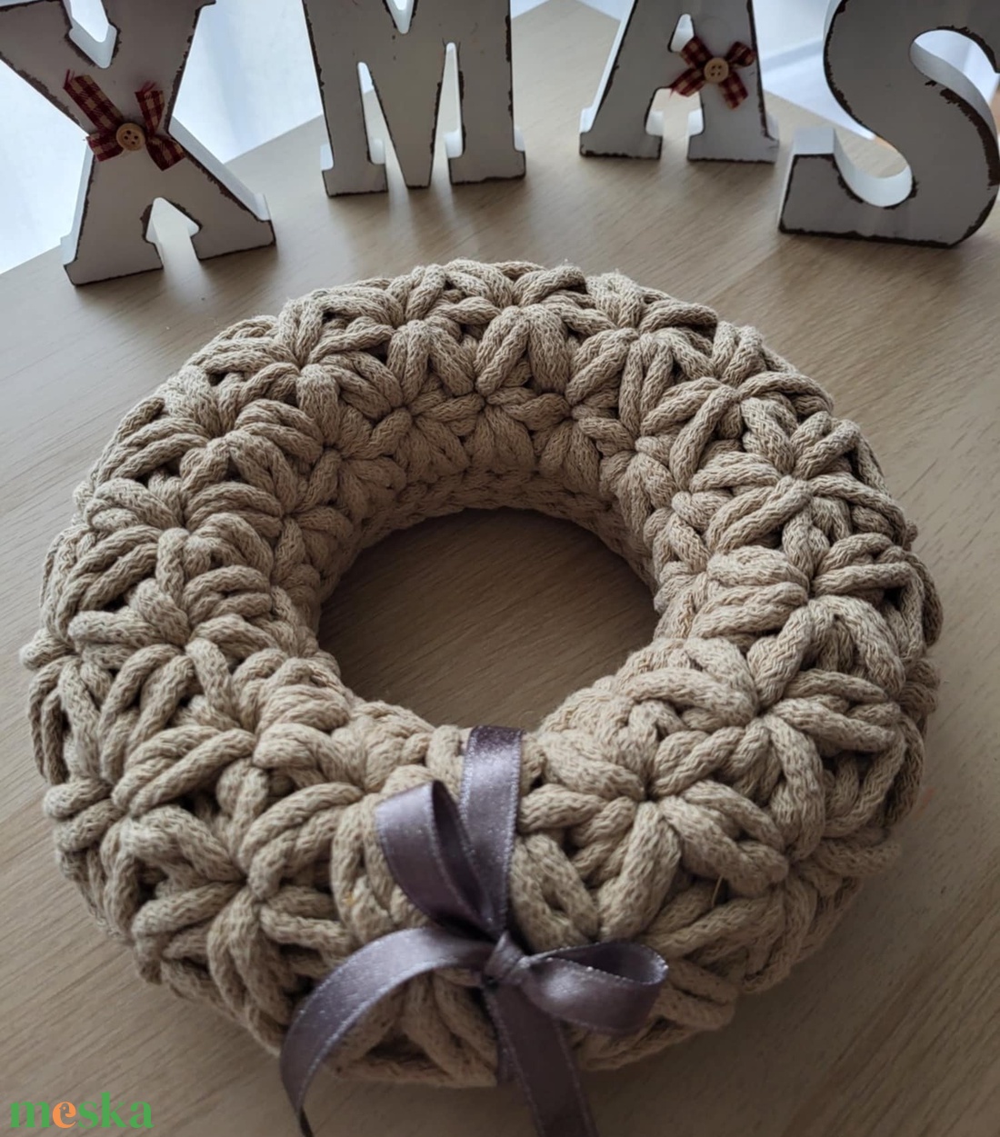 Horgolt adventi koszorú karamell  színben 24 cm - karácsony - adventi díszek - adventi koszorú - Meska.hu