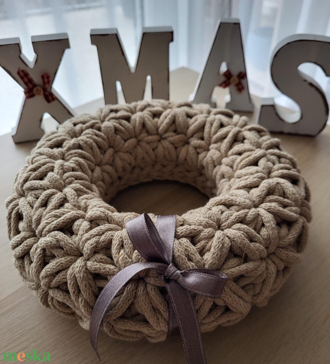 Horgolt adventi koszorú karamell  színben 24 cm - karácsony - adventi díszek - adventi koszorú - Meska.hu