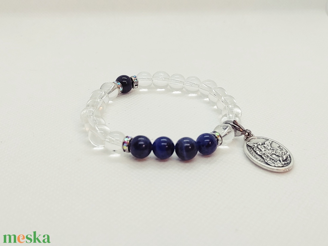 Mihály arkangyal karkötő - hegyikristály, szodalit - ékszer - karkötő - charm karkötő - Meska.hu