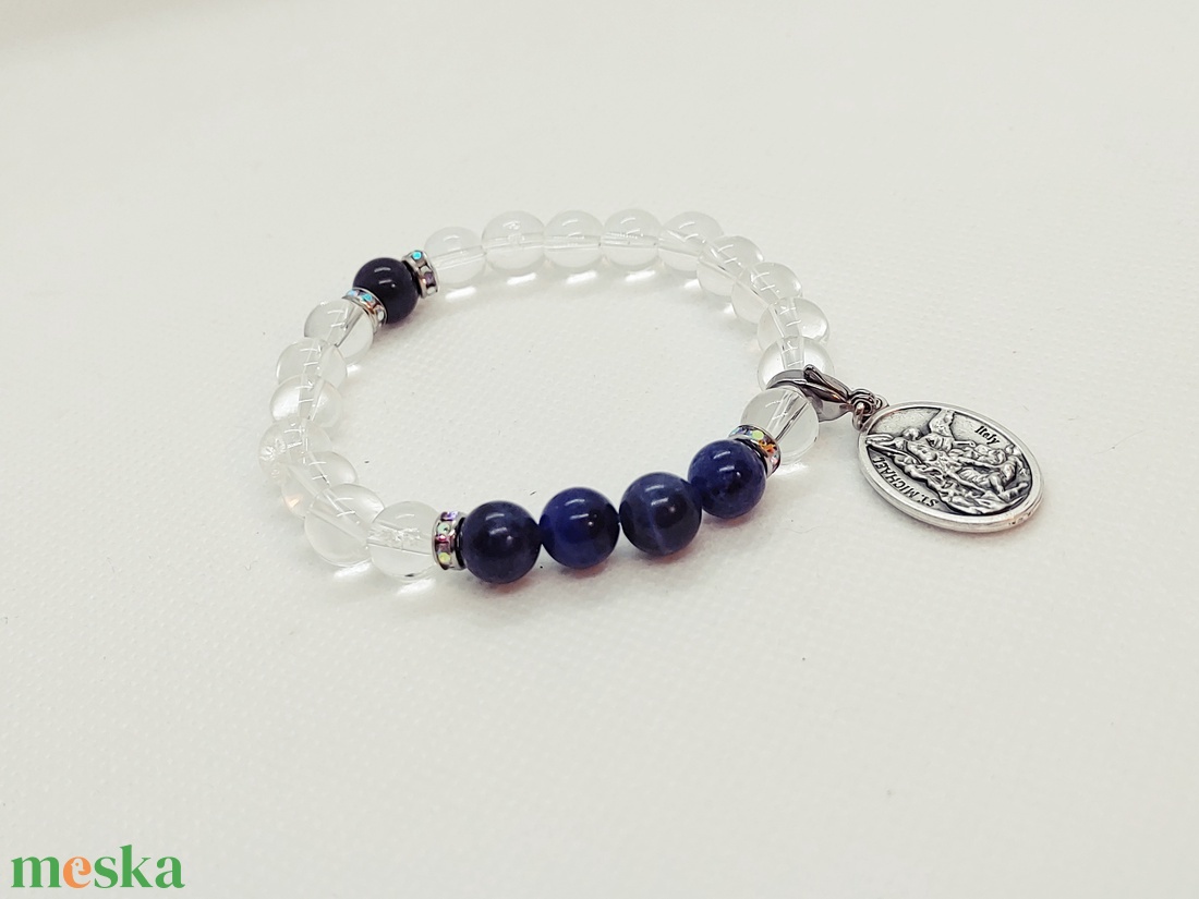 Mihály arkangyal karkötő - hegyikristály, szodalit - ékszer - karkötő - charm karkötő - Meska.hu