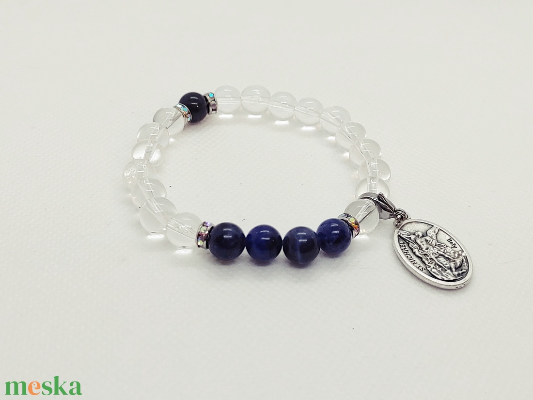 Mihály arkangyal karkötő - hegyikristály, szodalit - ékszer - karkötő - charm karkötő - Meska.hu