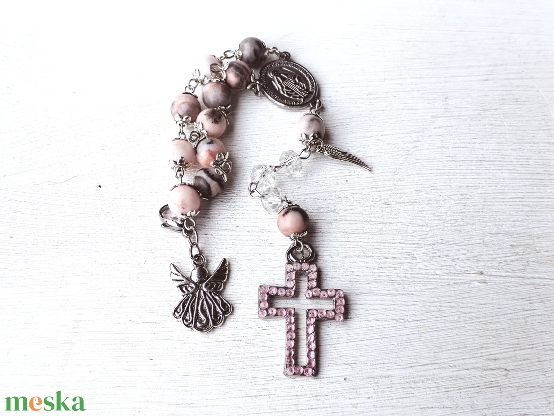 Rózsaszín, angyalos rózsafüzér keresztelőre, elsőáldozásra - ékszer - nyaklánc - gyöngyös nyaklánc - Meska.hu