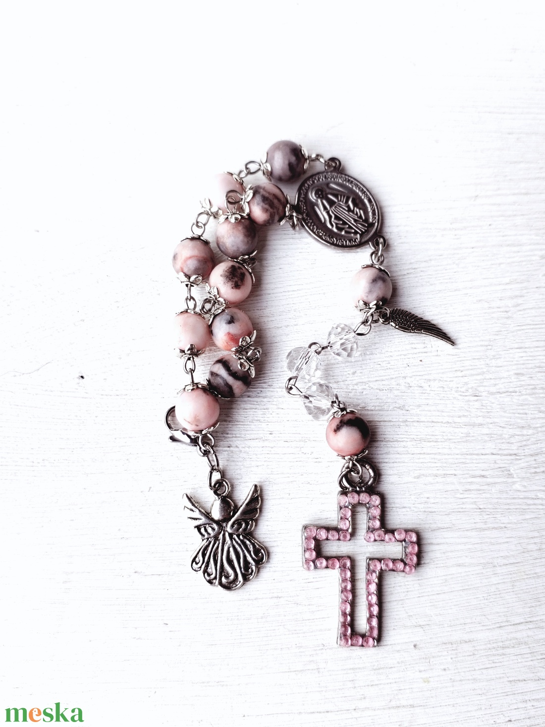 Rózsaszín, angyalos rózsafüzér keresztelőre, elsőáldozásra - ékszer - nyaklánc - gyöngyös nyaklánc - Meska.hu