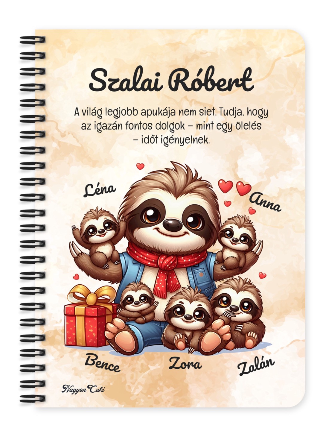Személyre szabható - Cuki lajhár Apa és öt gyerek mintás A6-os füzet - otthon & életmód - papír, írószer - jegyzetfüzet & napló - Meska.hu