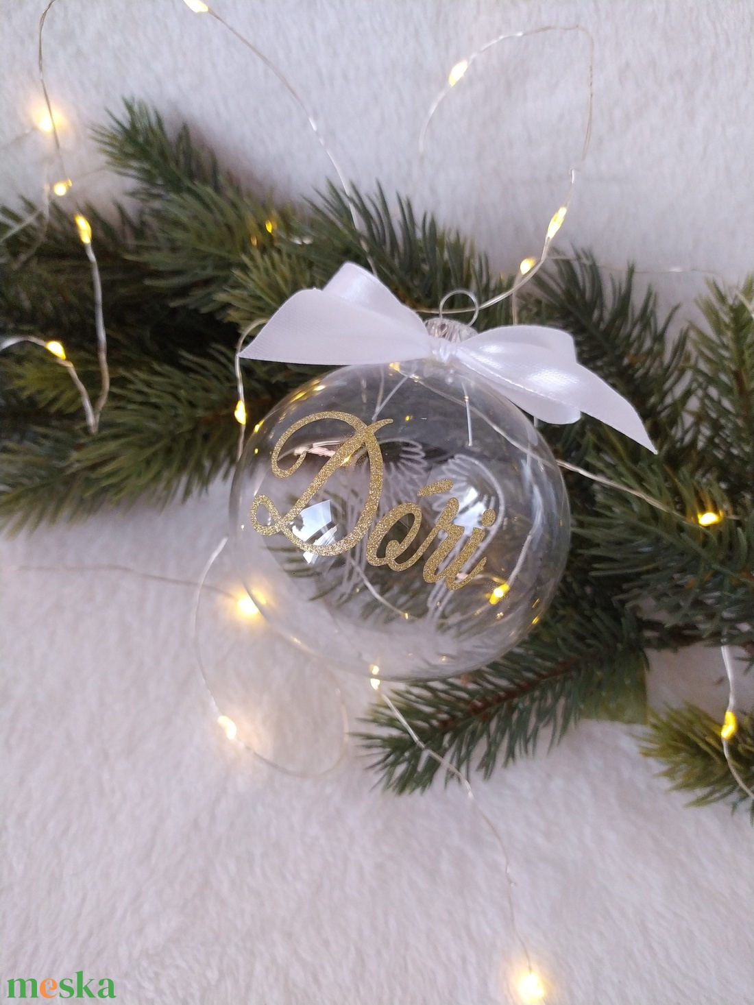 Kiárusítás, Átlátszó üveggömb arany csillámos felirattal, 8 cm - karácsony - karácsonyi lakásdekoráció - karácsonyfadíszek - Meska.hu