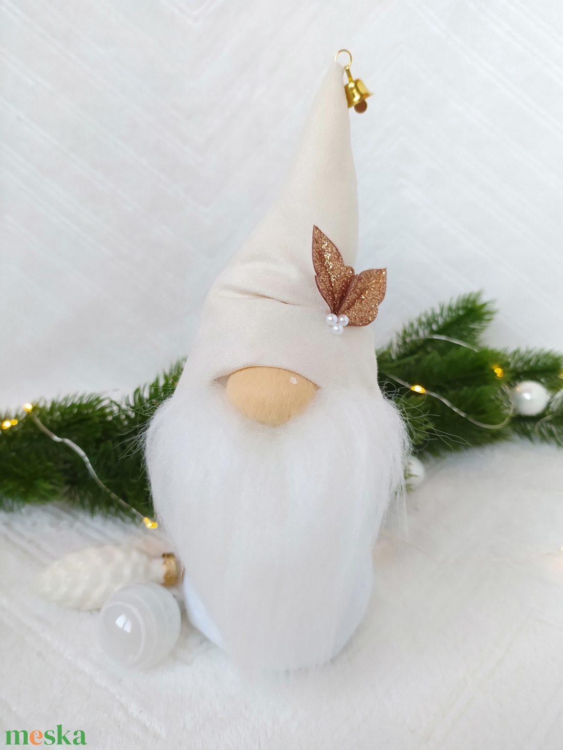 Krém velúr sapkás manó, gnóm, télapó - karácsony - karácsonyi lakásdekoráció - karácsonyi manók, figurák - Meska.hu