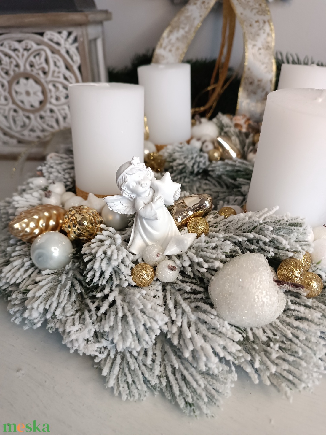 Fehér-arany adventi koszorú - karácsony - adventi díszek - adventi koszorú - Meska.hu