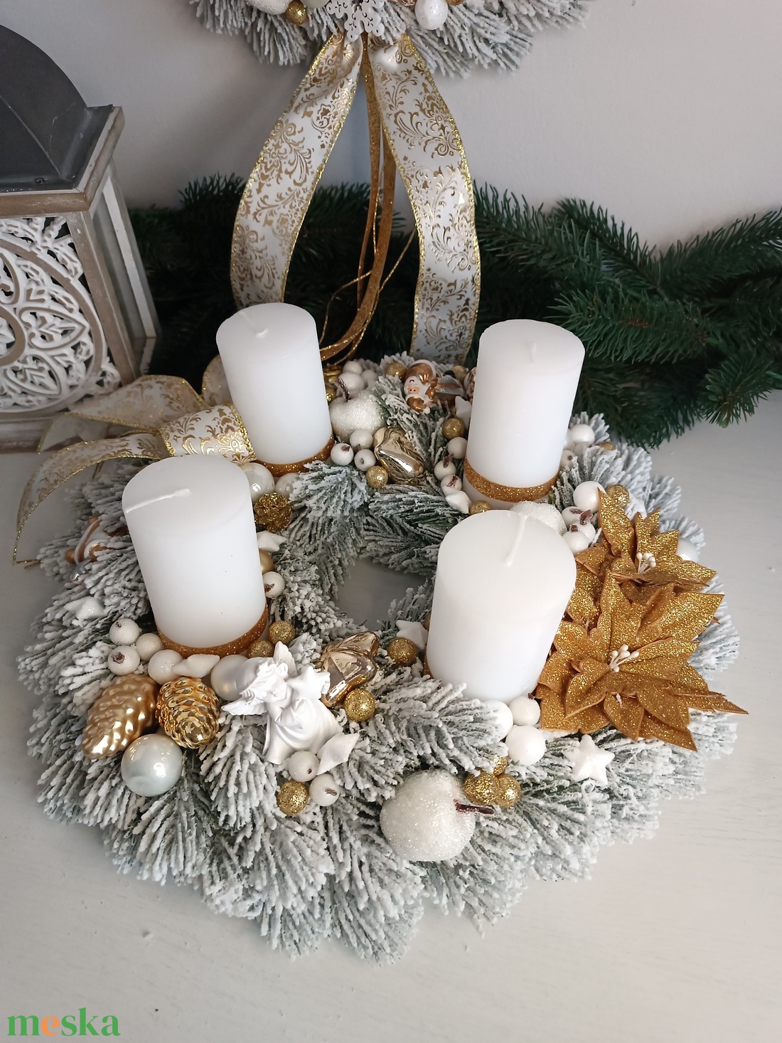 Fehér-arany adventi koszorú - karácsony - adventi díszek - adventi koszorú - Meska.hu