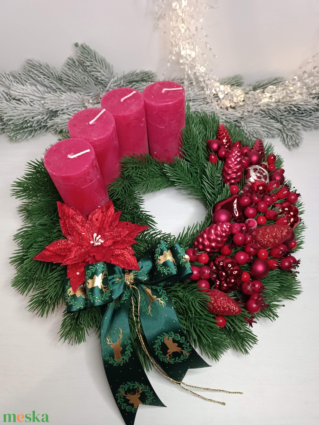 Piros-zöld, bogyós adventi koszorú - karácsony - adventi díszek - adventi koszorú - Meska.hu
