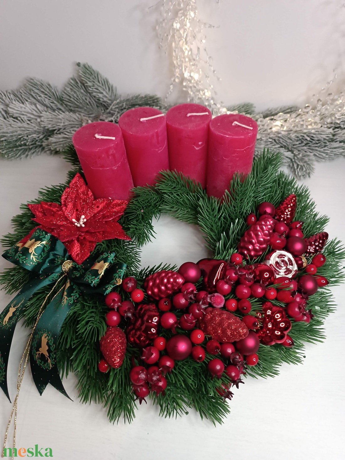 Piros-zöld, bogyós adventi koszorú - karácsony - adventi díszek - adventi koszorú - Meska.hu
