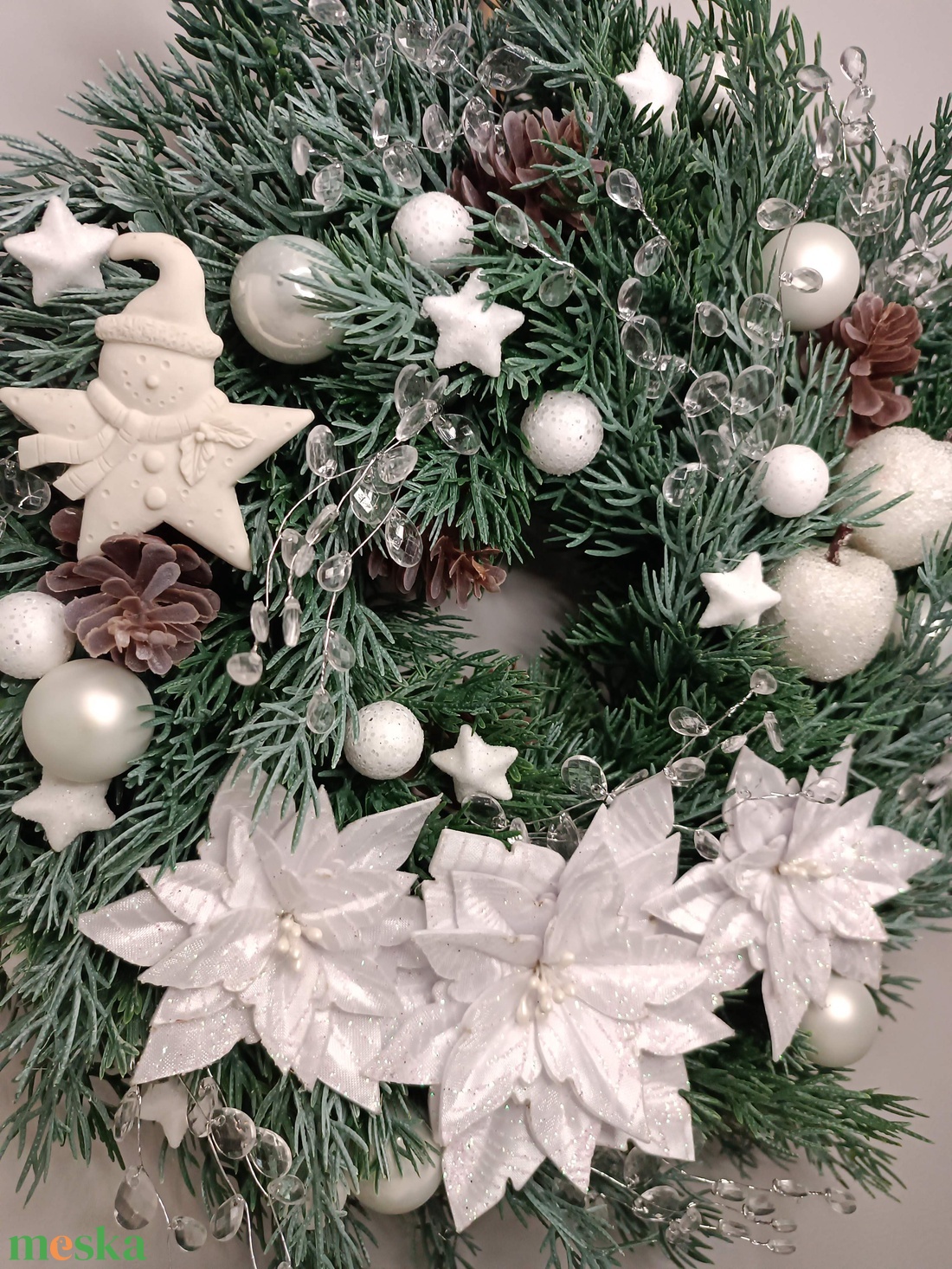 Fehér csillámos mikulásvirágos ajtókopogtató - karácsony - adventi díszek - adventi ajtódísz - Meska.hu