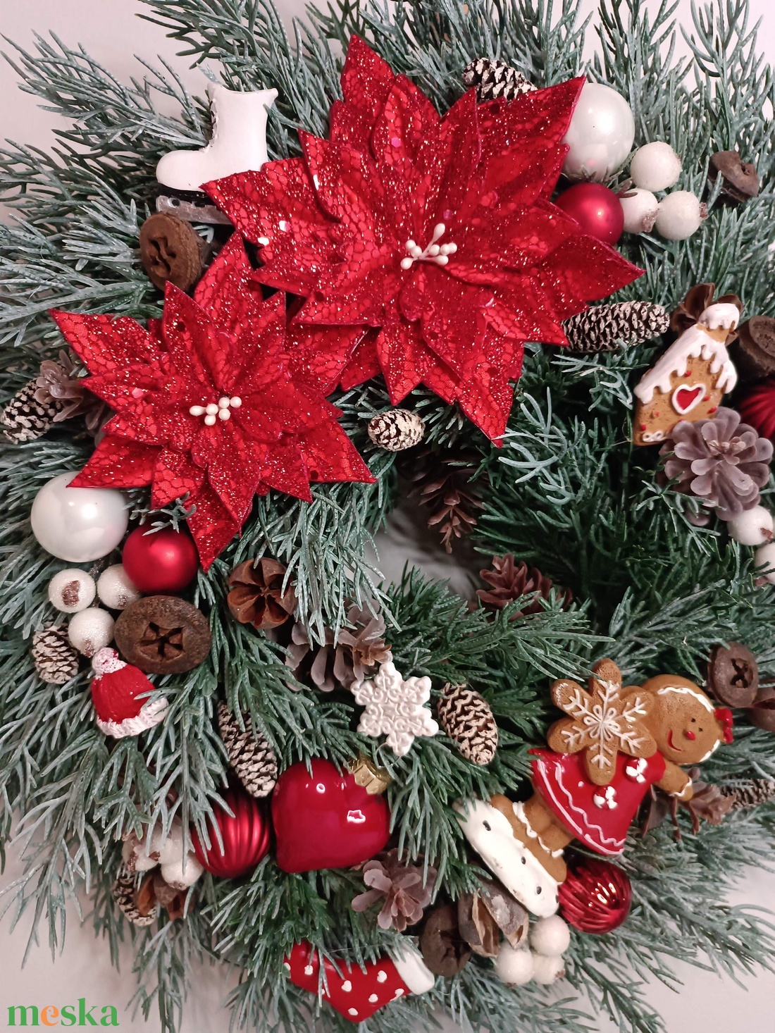 Piros csillámos mikulásvirágos ajtókopogtató - karácsony - adventi díszek - adventi ajtódísz - Meska.hu