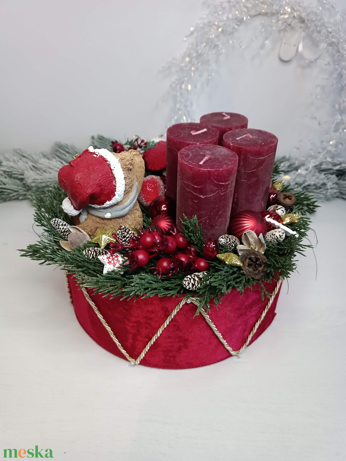 Karácsonyi dobon ülő mackó, adventi box - karácsony - adventi díszek - adventi koszorú - Meska.hu