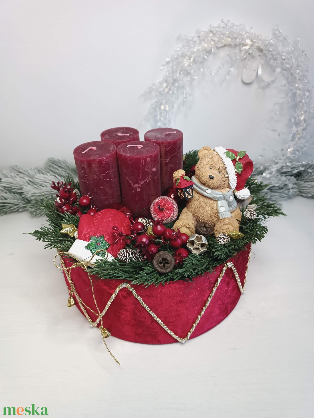 Karácsonyi dobon ülő mackó, adventi box - karácsony - adventi díszek - adventi koszorú - Meska.hu