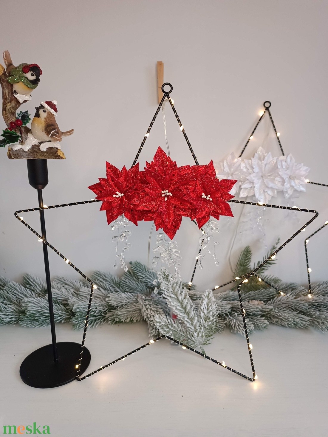 Mikulásvirágos LED-es csillagdísz ablakba, ajtóra - karácsony - karácsonyi lakásdekoráció - karácsonyi ablakdíszek, ablakmatricák - Meska.hu