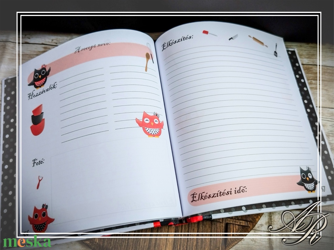 Baglyos receptfüzet kiegészítőkkel (piros-fekete-fehér) - otthon & életmód - konyhafelszerelés, tálalás - sütés, főzés - receptfüzet - Meska.hu