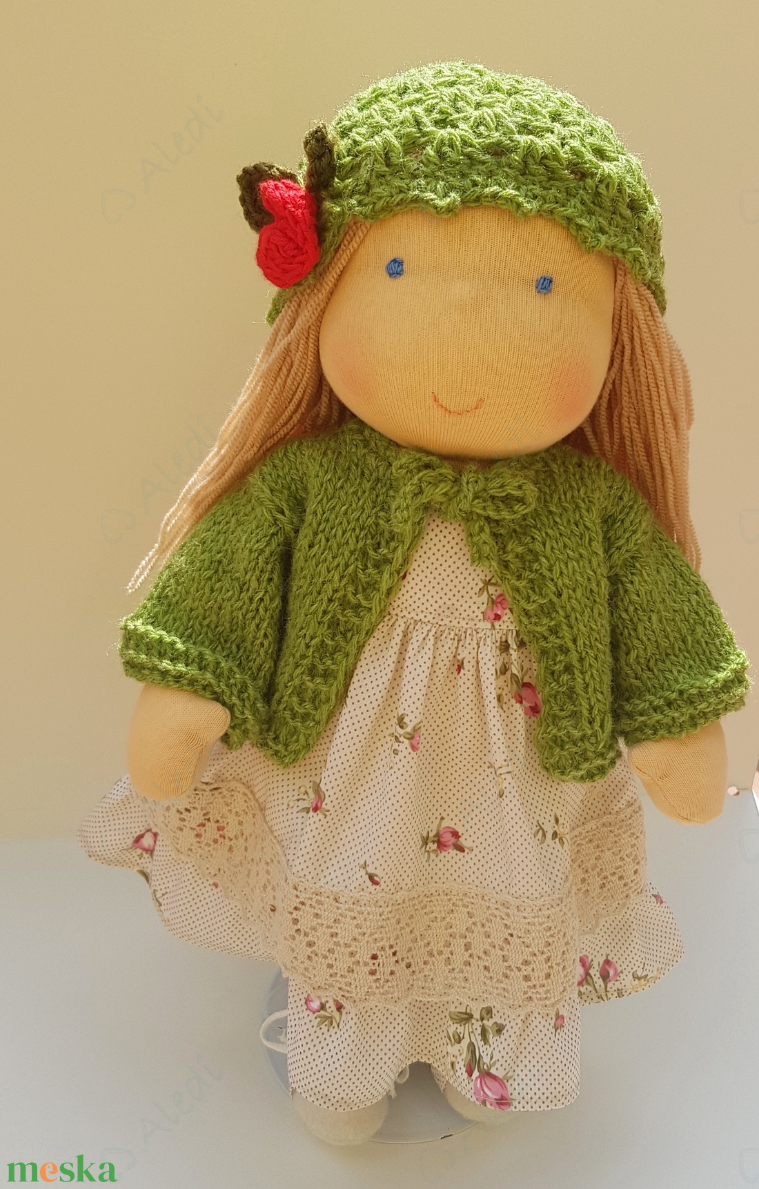 Waldorf baba - zöld kardigános - játék & sport - baba & babaház - öltöztethető baba - Meska.hu