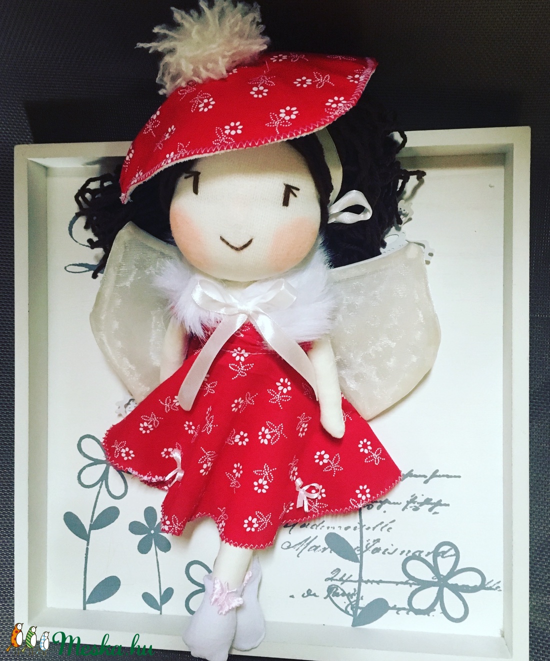 Piros kékfestő ruhacskás angyal baba,kézműves baba, textilbaba, rongybaba  -  - Meska.hu