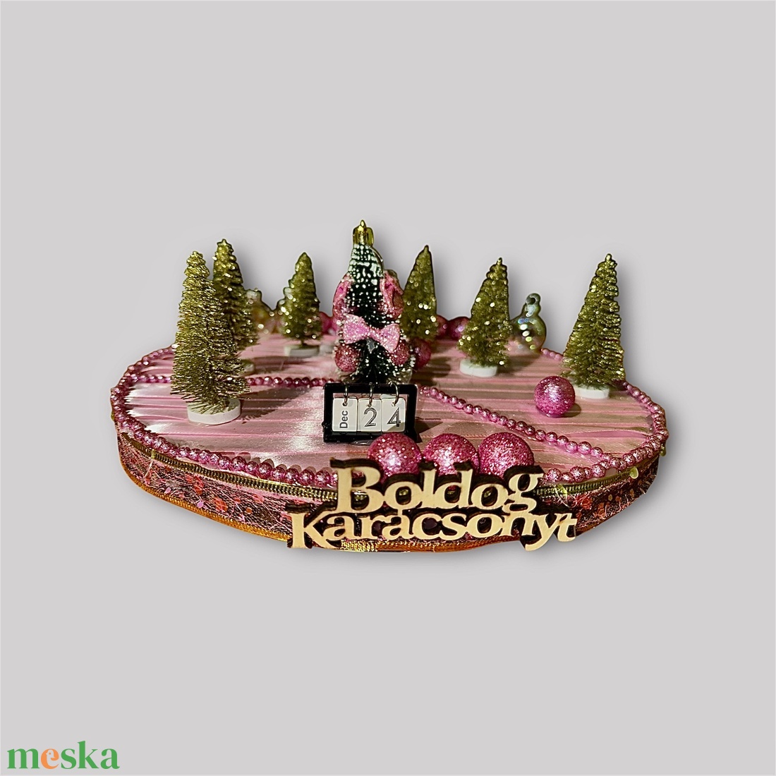 Pink karácsonyi asztaldísz  Boldog Karácsonyt felirattal - karácsony - adventi díszek - adventi asztaldísz - Meska.hu