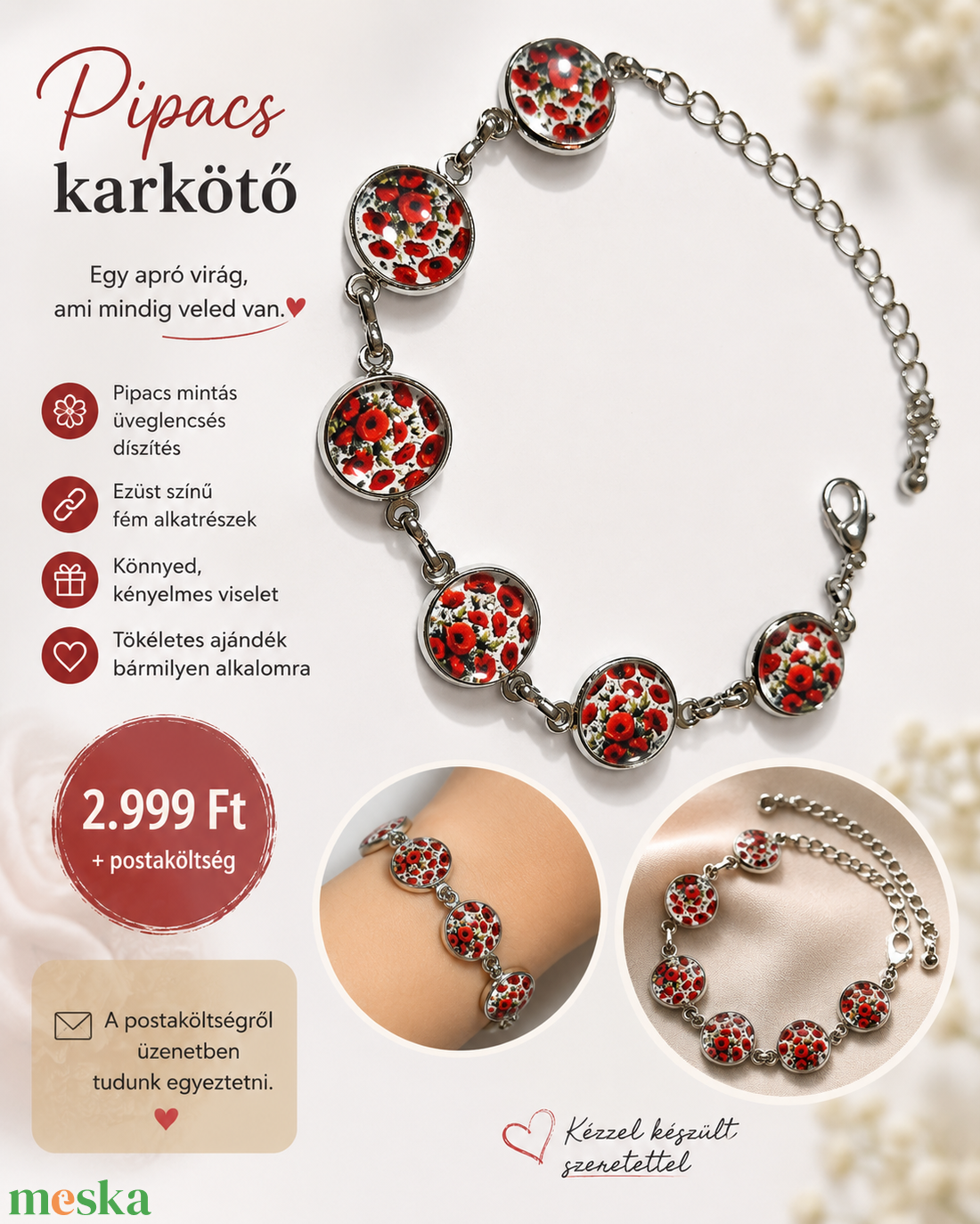 Pipacsos karkötő - ékszer - karkötő - karkötő medállal - Meska.hu