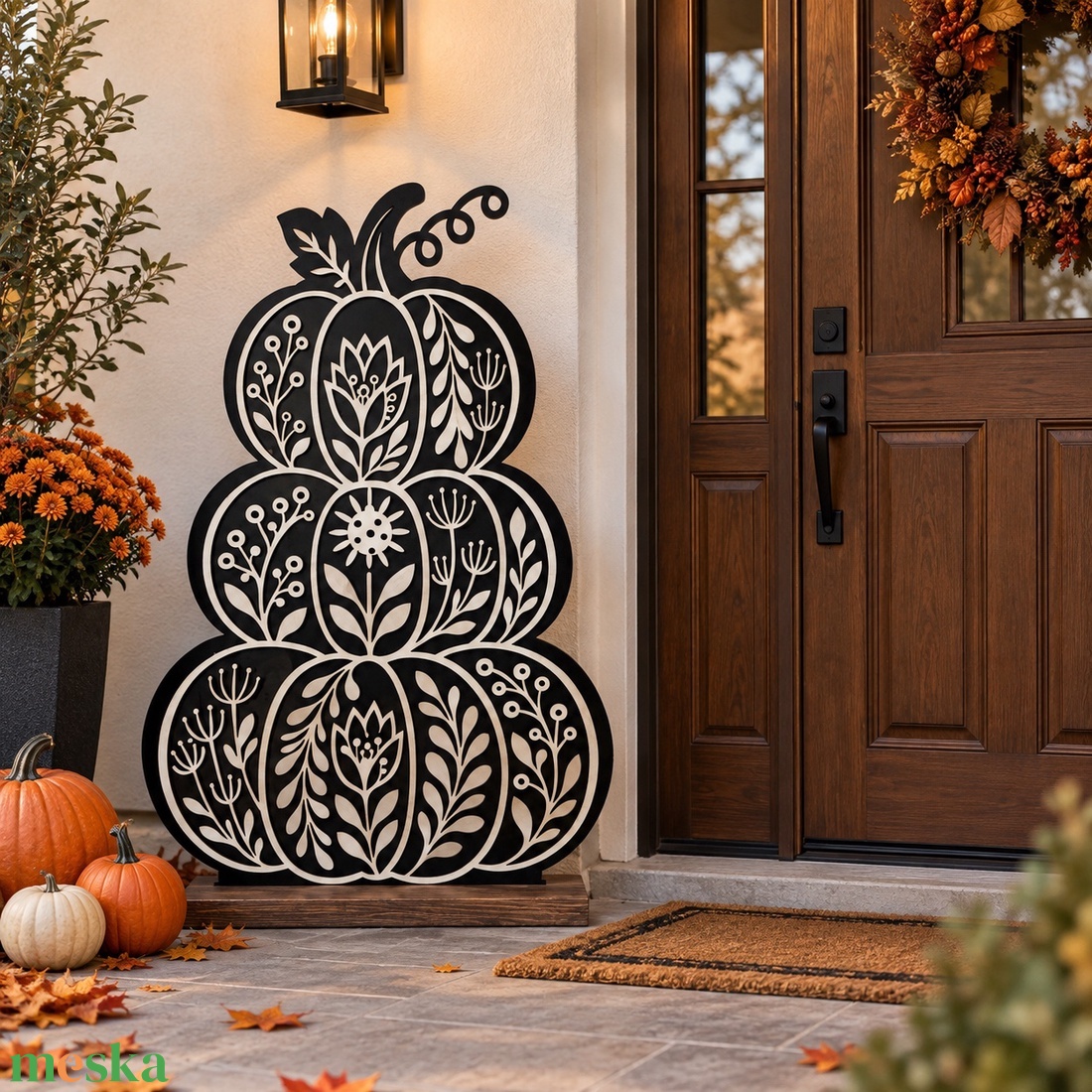 Őszi virágmintás töktorony dekoráció � 95 � 70 cm - otthon & életmód - dekoráció - halloween - halloweeni ajtódíszek és ablakdíszek - Meska.hu