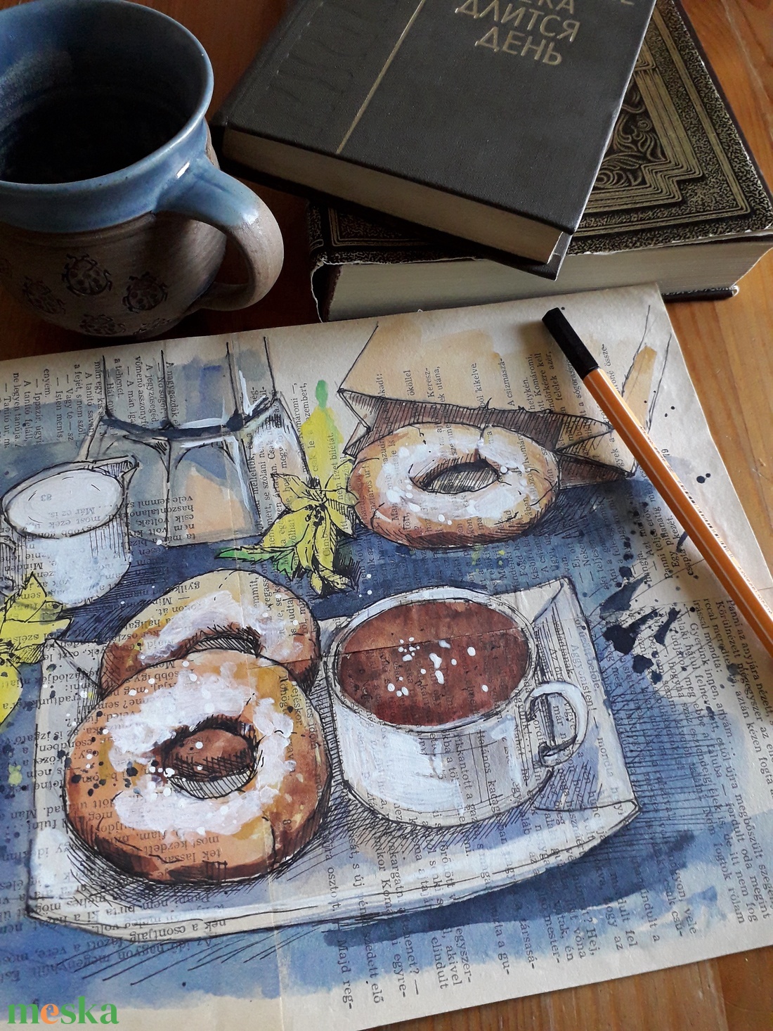 Fánk és cappuccino, 2022 - művészet - festmény - festmény vegyes technika - Meska.hu Fánk és cappuccino, 2022 - művészet - festmény - festmény vegyes technika - Meska.hu