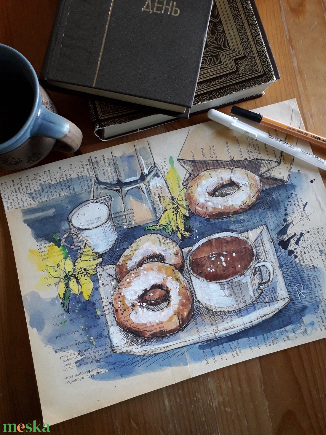 Fánk és cappuccino, 2022 - művészet - festmény - festmény vegyes technika - Meska.hu Fánk és cappuccino, 2022 - művészet - festmény - festmény vegyes technika - Meska.hu