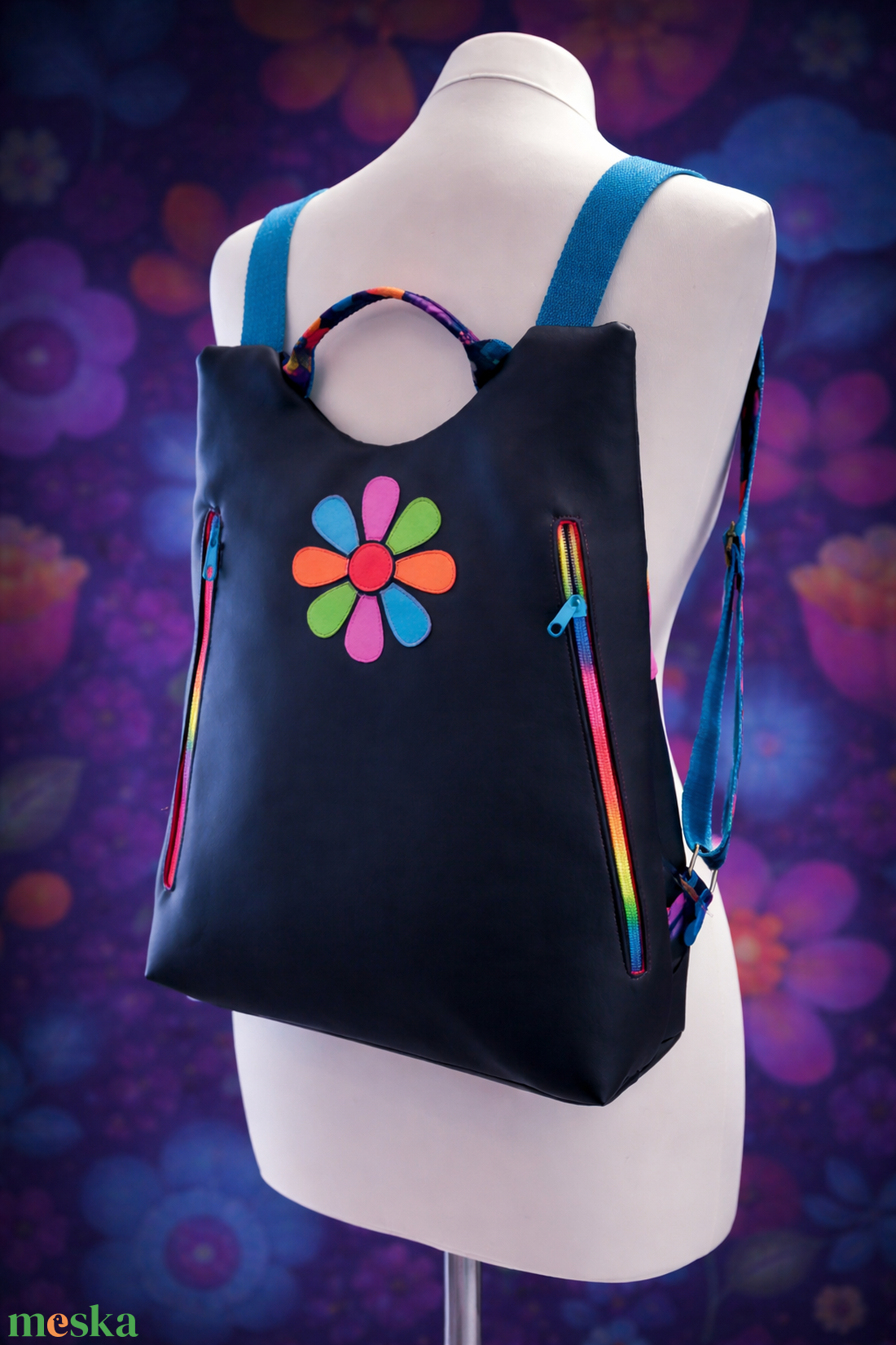 Flowers Flow hátizsák  fekete türkiz  - táska & tok - hátizsák - hátizsák - Meska.hu