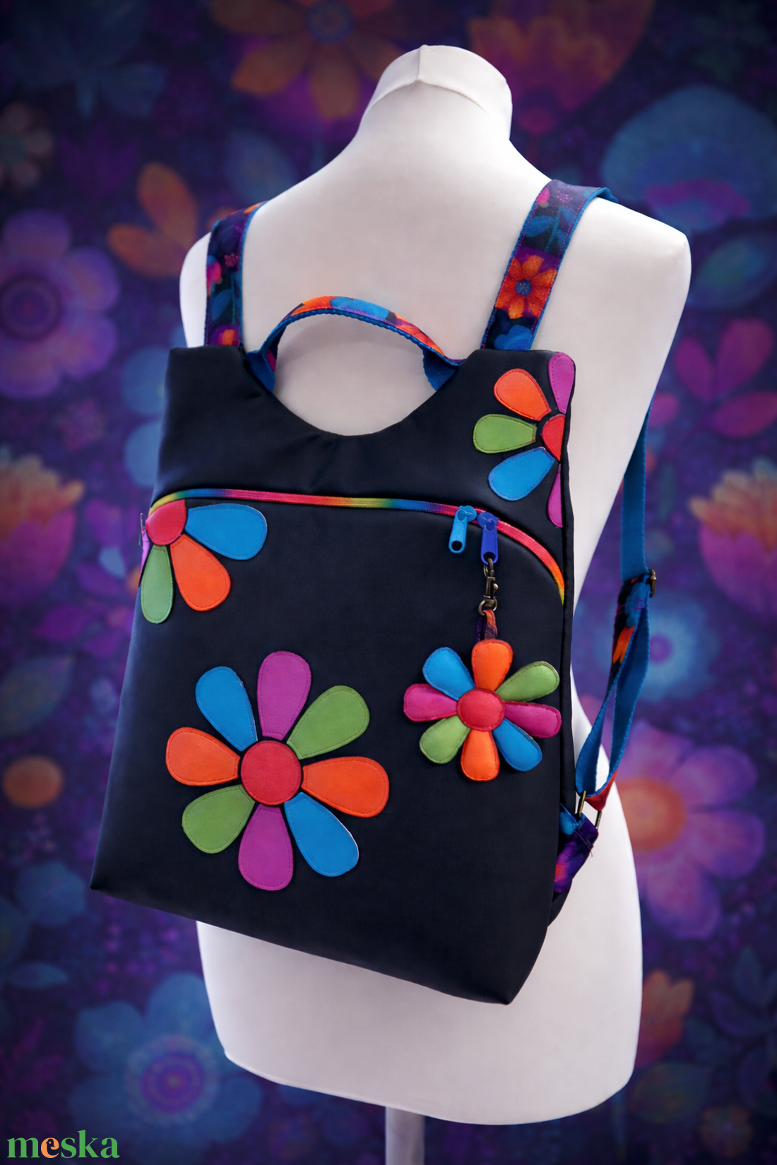 Flowers Flow hátizsák  fekete türkiz  - táska & tok - hátizsák - hátizsák - Meska.hu