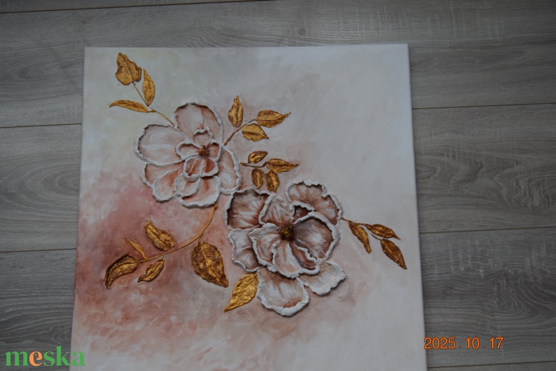 Virágok arany levelekkel 50X50 - művészet - festmény - festmény vegyes technika - Meska.hu