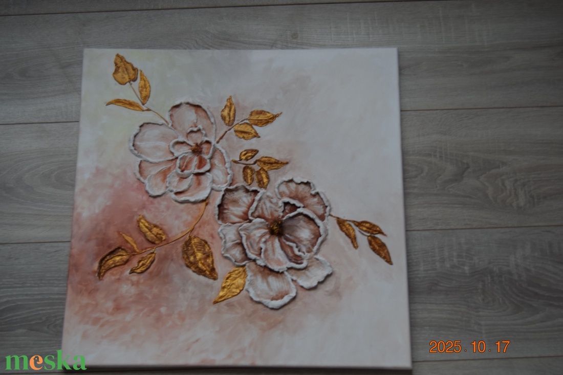 Virágok arany levelekkel 50X50 - művészet - festmény - festmény vegyes technika - Meska.hu