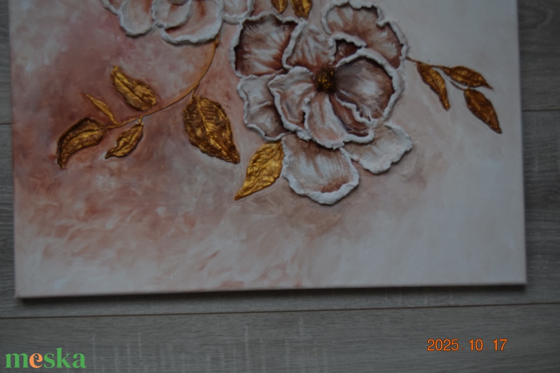 Virágok arany levelekkel 50X50 - művészet - festmény - festmény vegyes technika - Meska.hu