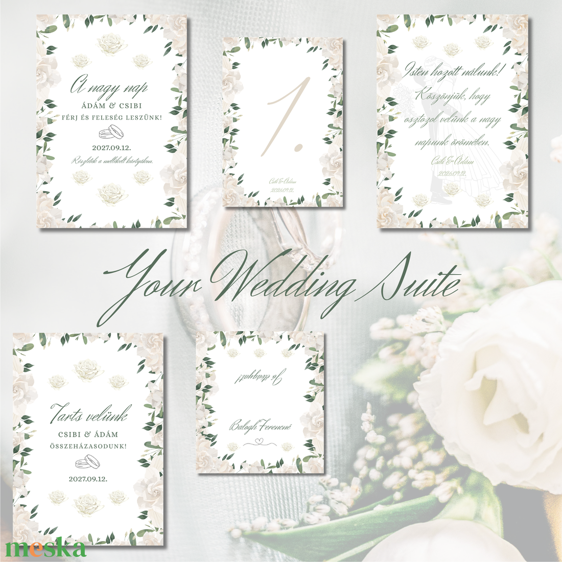 Elegáns Fehér Rózsás Esküvői Meghívó Szett - 10 db-os Szerkeszthető Canva Sablon - esküvő - meghívó & kártya - eljegyzési meghívók - Meska.hu