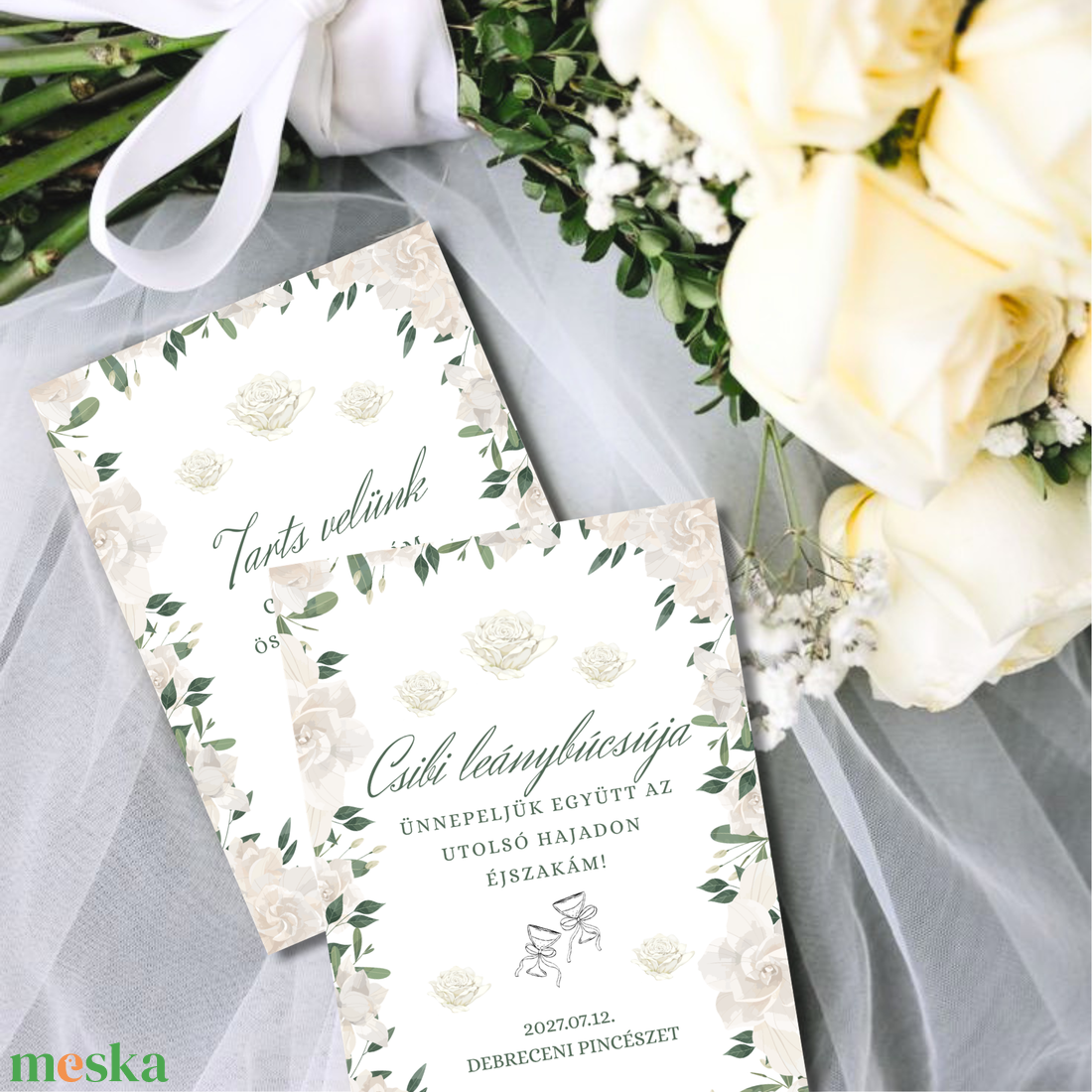 Elegáns Fehér Rózsás Esküvői Meghívó Szett - 10 db-os Szerkeszthető Canva Sablon - esküvő - meghívó & kártya - eljegyzési meghívók - Meska.hu