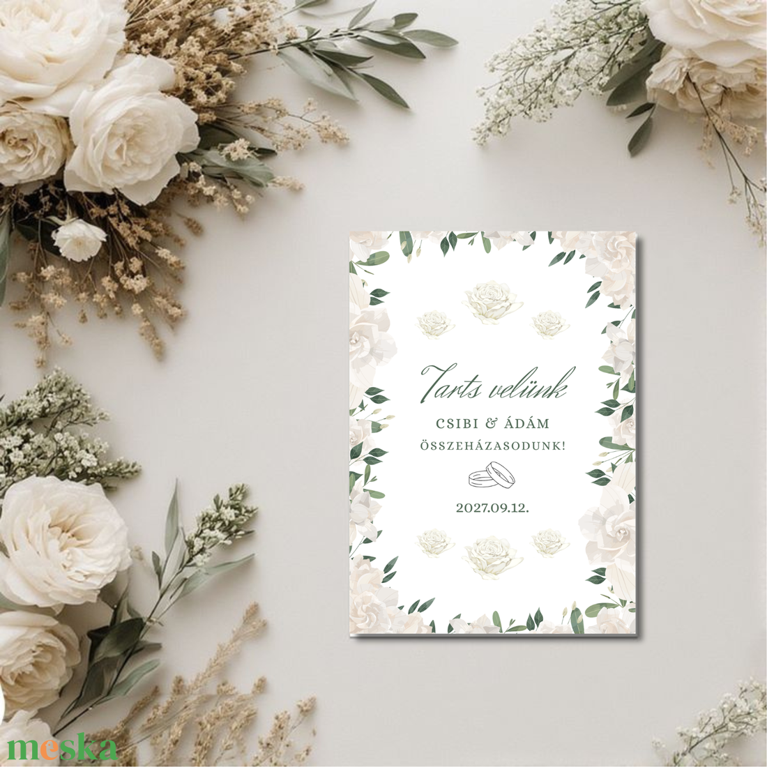 Elegáns Fehér Rózsás Esküvői Meghívó és Save the Date szett � Szerkeszthető Canva Sablon - esküvő - meghívó & kártya - digitális meghívók - Meska.hu
