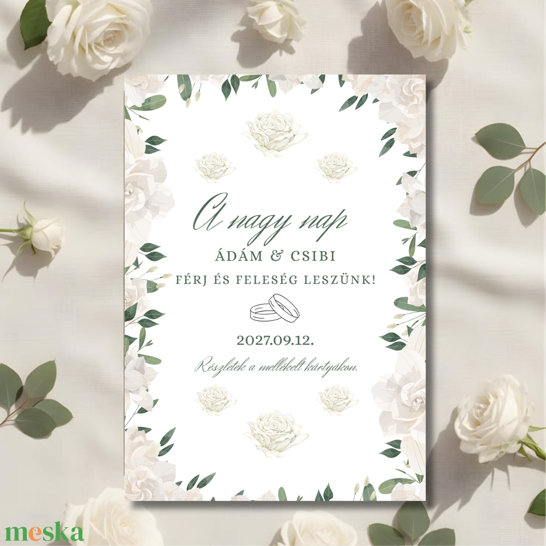 Elegáns Fehér Rózsás Esküvői Meghívó és Save the Date szett � Szerkeszthető Canva Sablon - esküvő - meghívó & kártya - digitális meghívók - Meska.hu