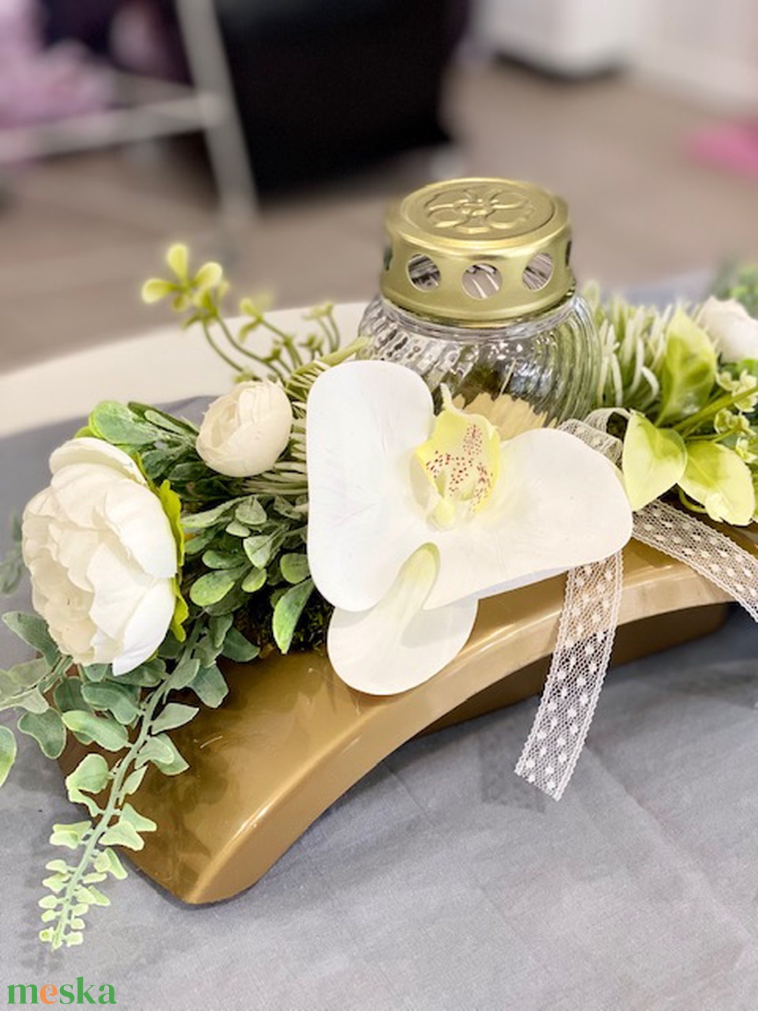 Orchideás arany híd mindenszenteki sírdísz- 2 féle színben - otthon & életmód - vallás - temetkezési tárgy - Meska.hu