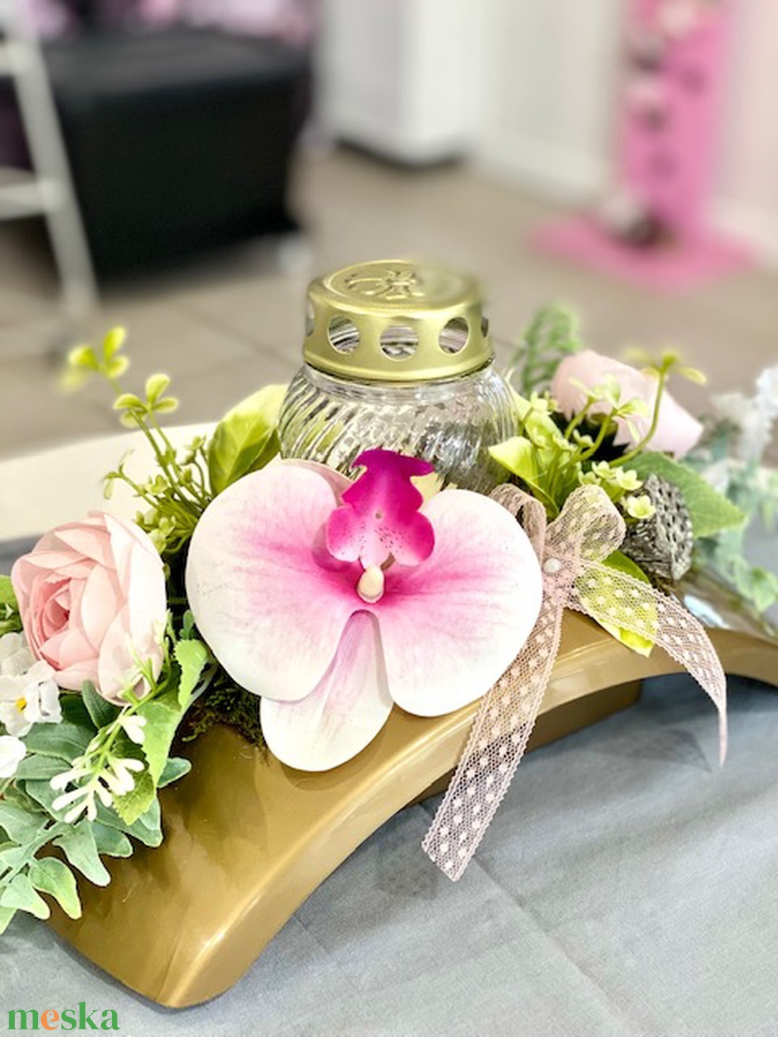 Orchideás arany híd mindenszenteki sírdísz- 2 féle színben - otthon & életmód - vallás - temetkezési tárgy - Meska.hu