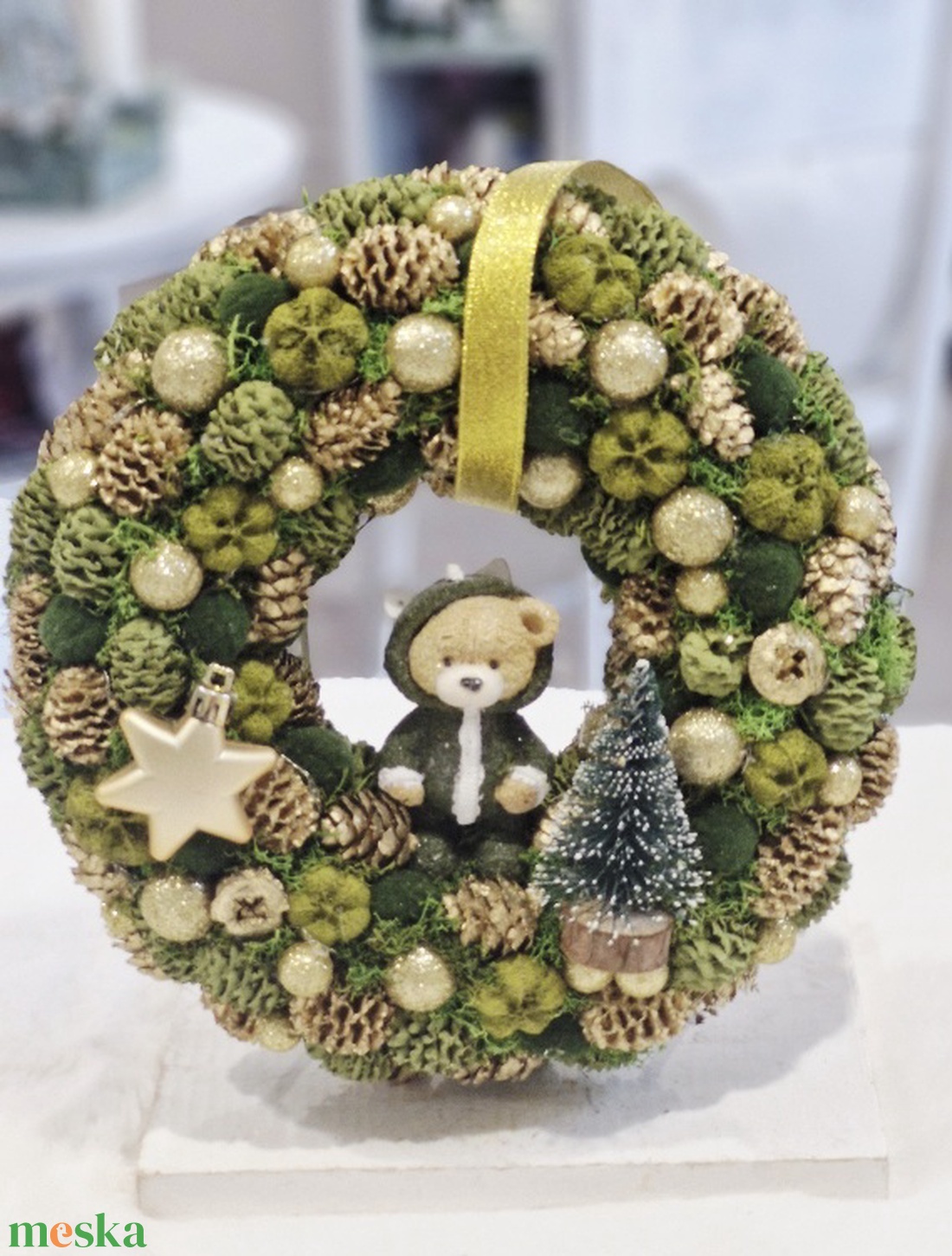 Zöld-arany elegáns macis karácsonyi ajtódísz - karácsony - karácsonyi lakásdekoráció - karácsonyi ajtódíszek - Meska.hu